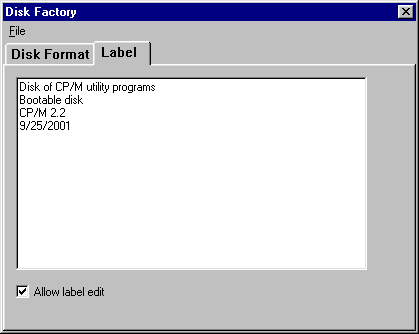screenshot of disk factory dialog in disk label editing mode