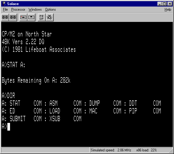 screen capture of solace emulator booting up CP/M
